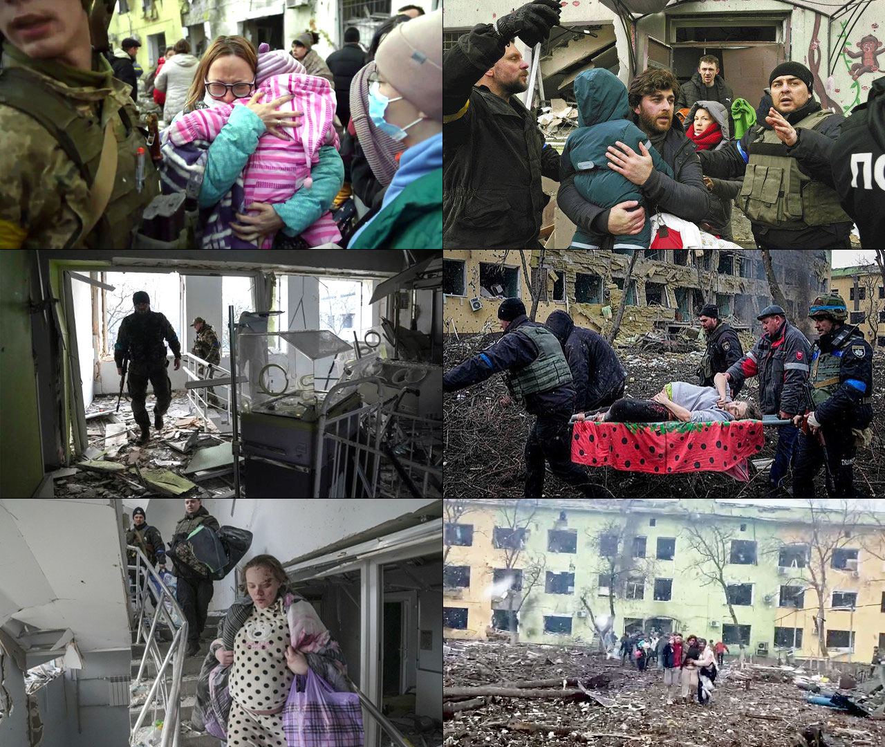ウクライナの緊急対応要員が爆撃を受けた病院から負傷した妊婦らを搬送＝9日/Evgeniy Maloletka/AP