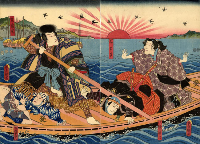 歌川国貞,Utagawa Kunisada, Jiraiya Sunrise and Boat, 児雷也/自来也 ,Rising Sun 旭日旗