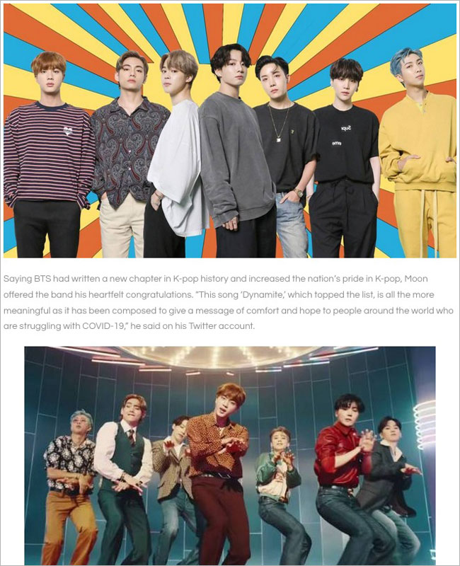 The president of Korea praises BTS for hitting No. 1 on Billboard chart,Dynamite Rising Sun 旭日旗