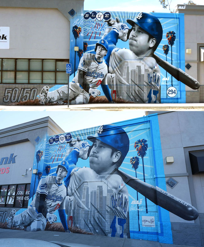 ロサンゼルス郡の都市バーバンク、ハリウッド･ウェイにあるスポーツショップ「Burbank Sportscards」に大谷翔平の壁画が登場, Rising Sun Design 旭日旗,戦犯旗(전범기)