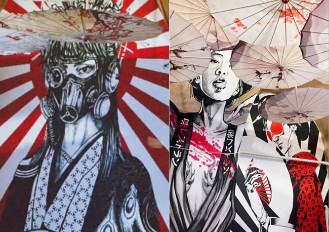 ルーマニアある韓国料理店に抗議。（루마니아 제2의 도시 클루지나포카에 최근 문을 연 이 식당의 이름은 'Bite me Korea'.）. Rumania, Rising Sun Design 旭日旗,戦犯旗(전범기)