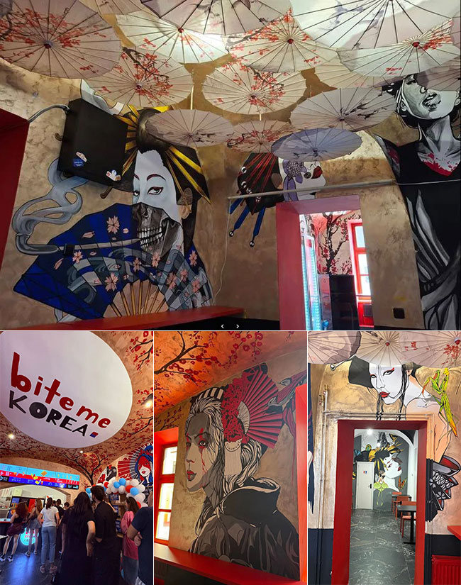 ルーマニアある韓国料理店に抗議。（루마니아 제2의 도시 클루지나포카에 최근 문을 연 이 식당의 이름은 'Bite me Korea'.）. Rumania, Rising Sun Design 旭日旗,戦犯旗(전범기)