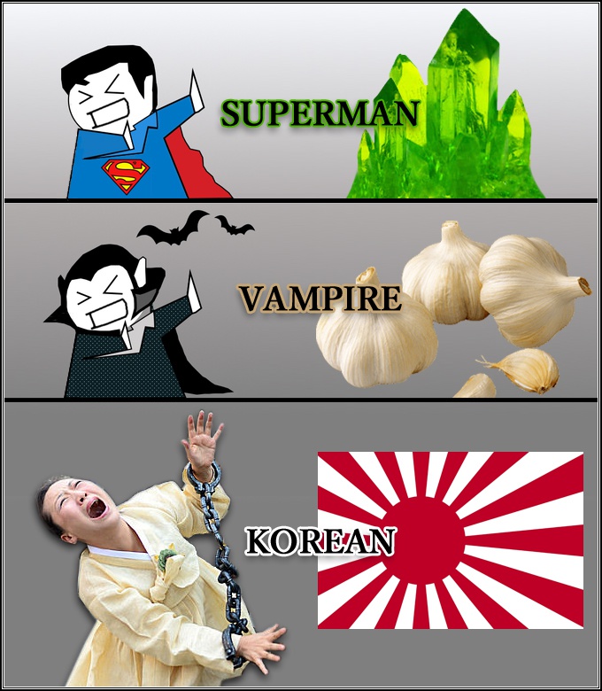 スーパーマン（SUPER MAN）クリプトナイト（Kryptonite）,ヴァンパイア（VAMPIRE）ニンニク（Garlic）,コリアン（KOREAN）旭日旗（Rising sun flag）,World's top three weak points, 旭日旗/戦犯旗（욱일기/전범기）